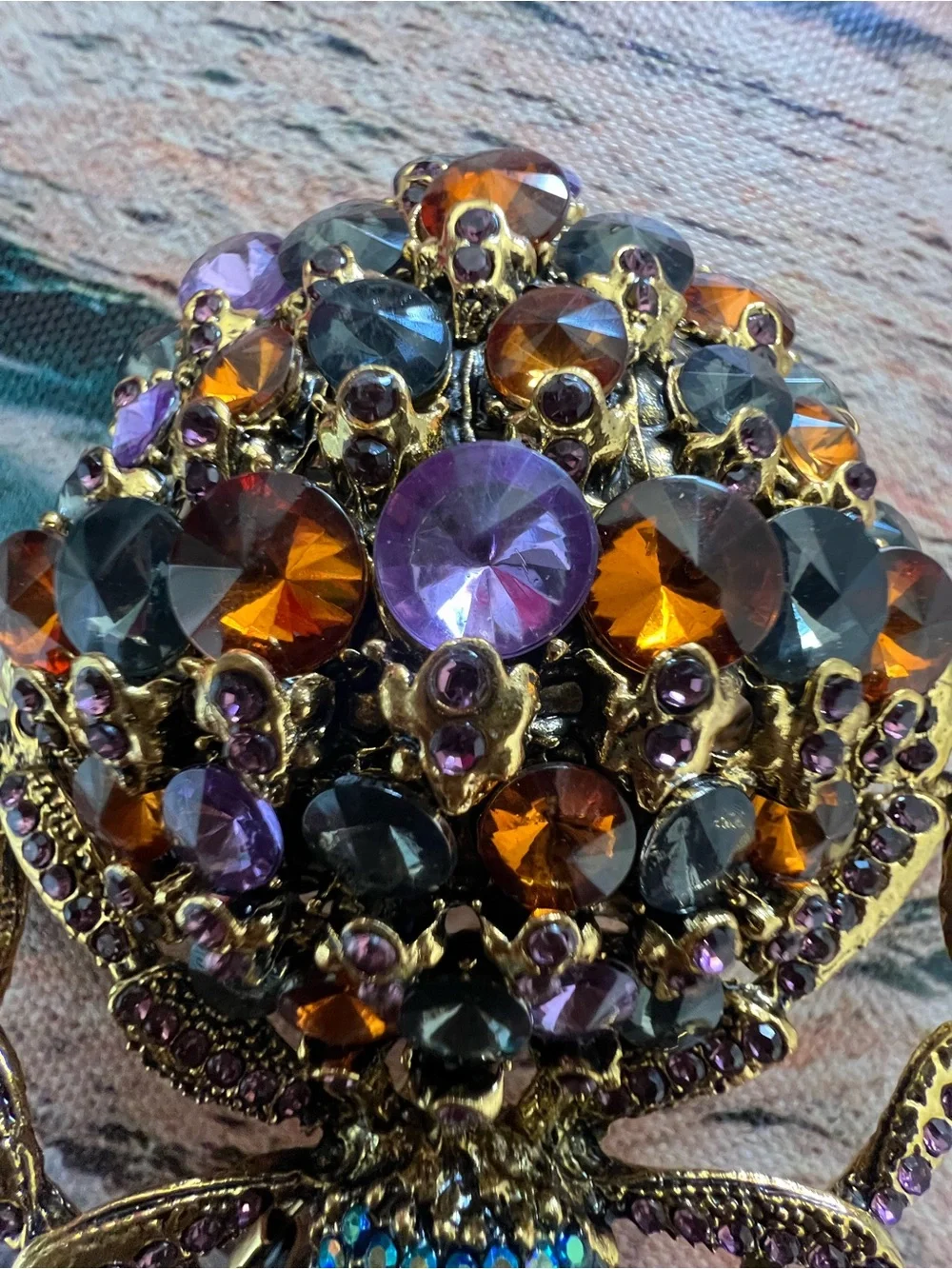 Gold-Tone Crystal Spider Brooch with Amber, Black and Purple Stones